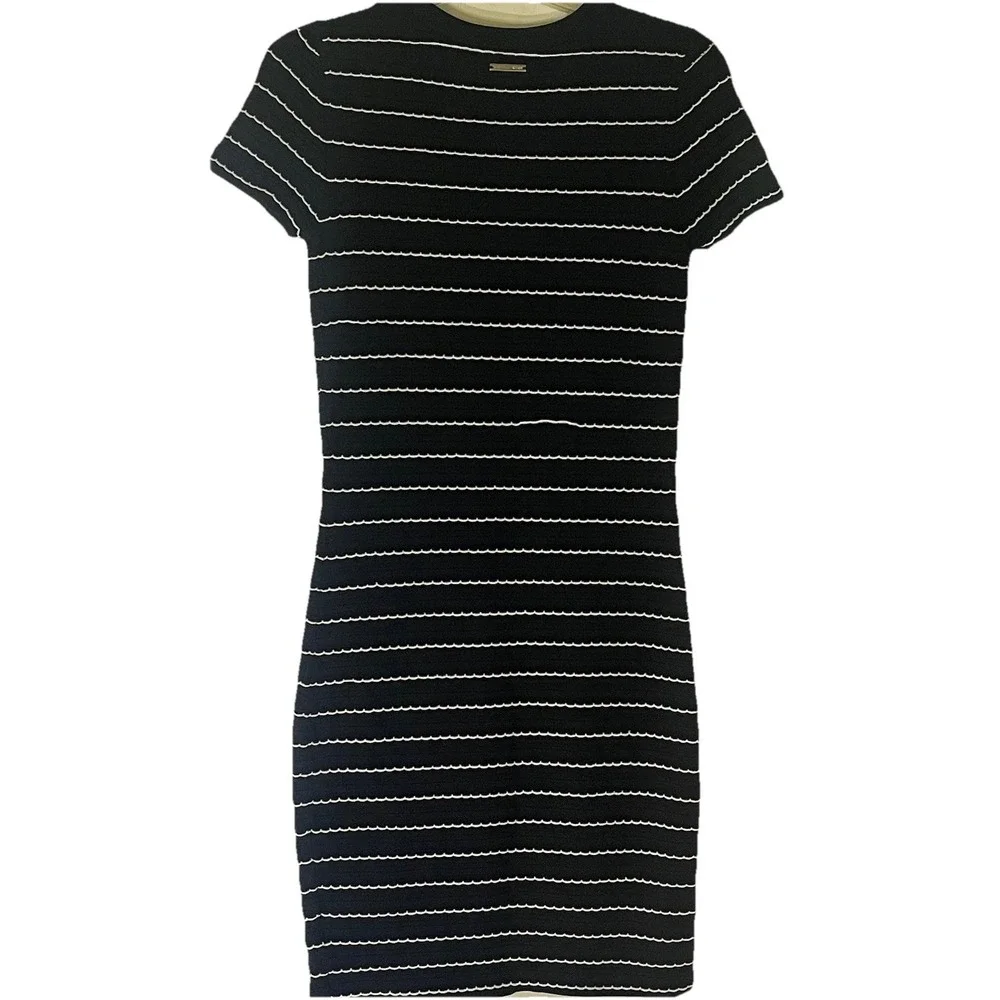 Michael Kors Sz S Black White Striped Bodycon‎ Sweater Dress Knit Logo
